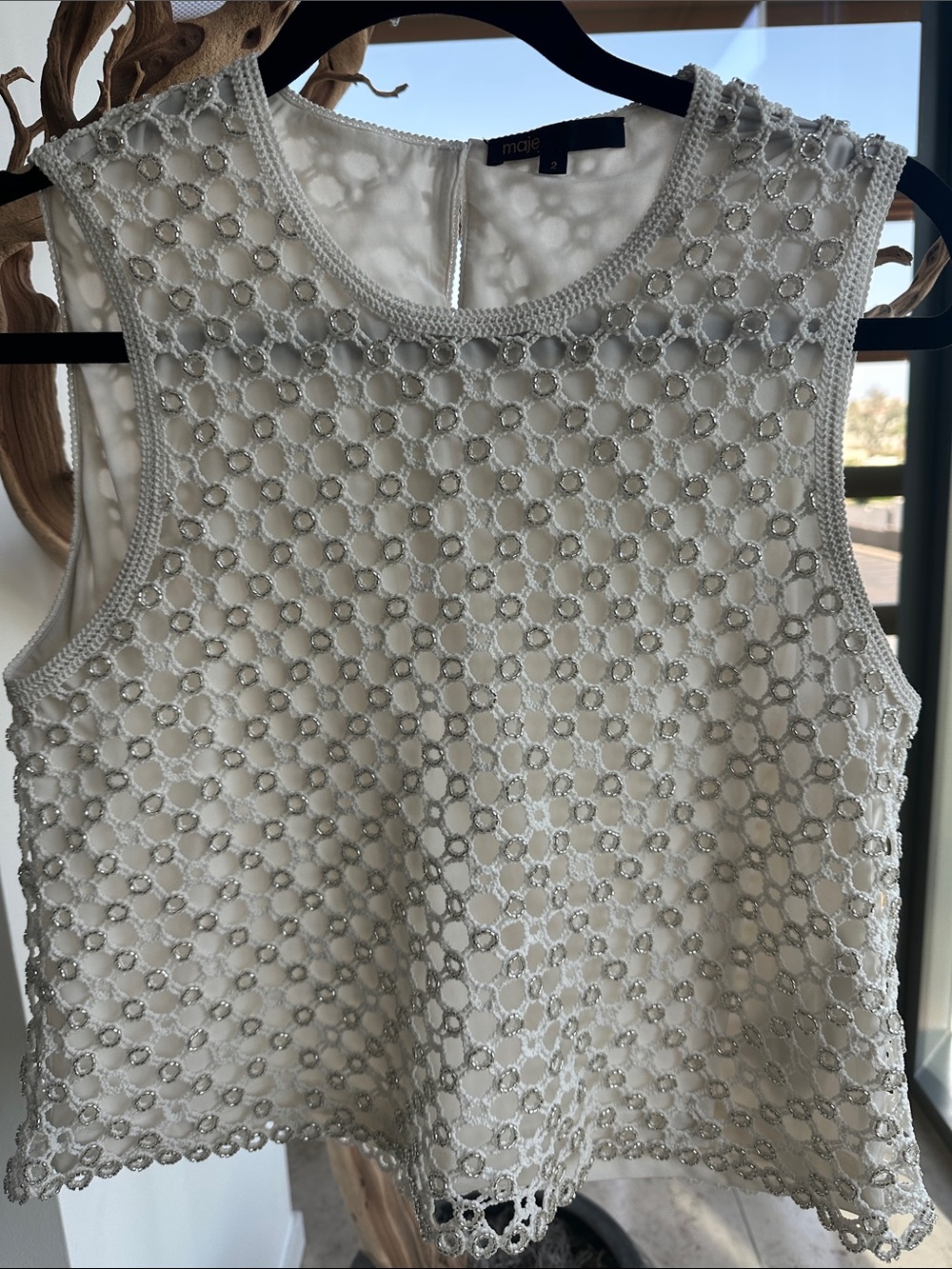 Maje White Beaded Eyelet Crop Tank
